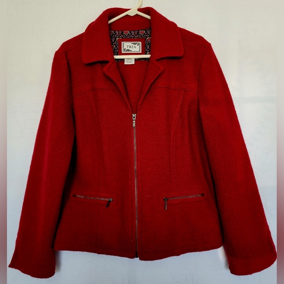 TRIA Women's 100%Wool Jacket Zip Front Boiled Wool Maroon XL - Picture 12 of 16